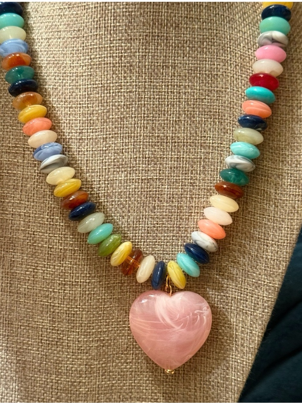 Source Unknown Multicolor Disc Bead Necklace with Pink Heart Pendant